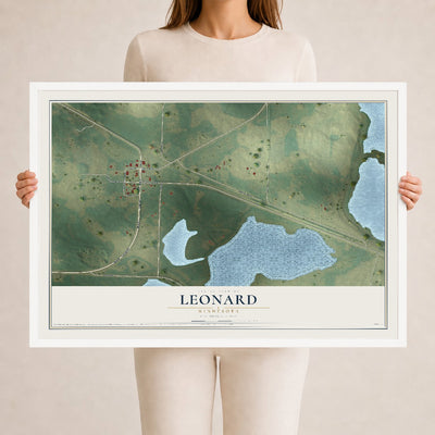Map of Leonard, Minnesota, 24 x 36 inch print in a white wood frame