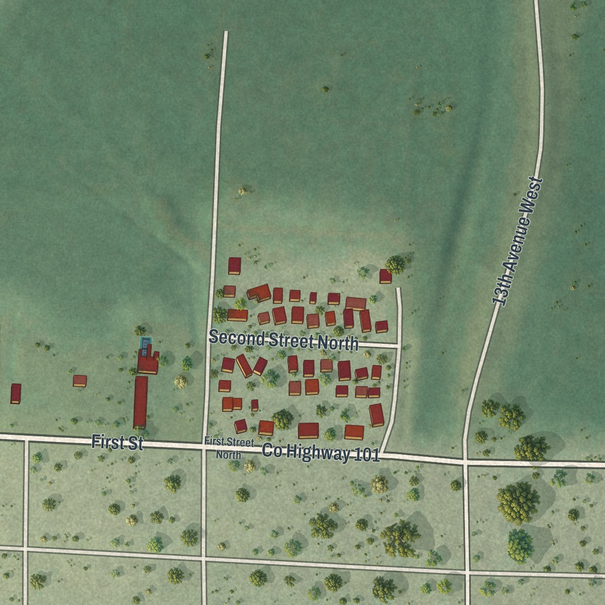 Second close-up of the map of Leonidas, Minnesota print showing more streets and buildings