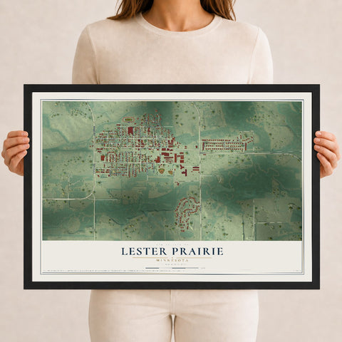 Map of Lester Prairie, Minnesota, 12 x 18 inch print in a black wood frame