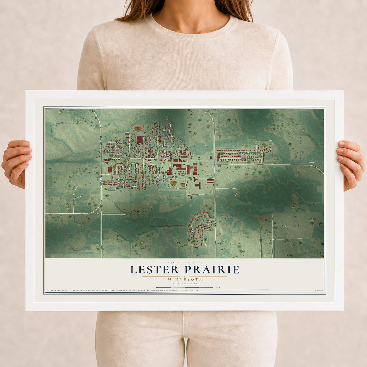 Map of Lester Prairie, Minnesota, 12 x 18 inch print in a white wood frame
