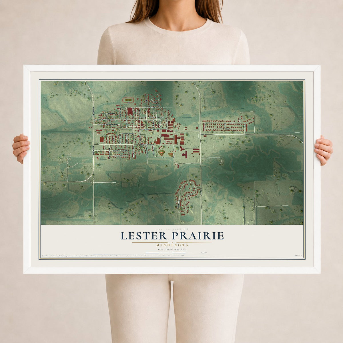 Map of Lester Prairie, Minnesota, 24 x 36 inch print in a white wood frame
