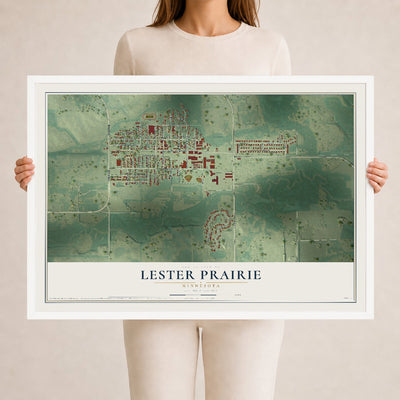 Map of Lester Prairie, Minnesota, 24 x 36 inch print in a white wood frame