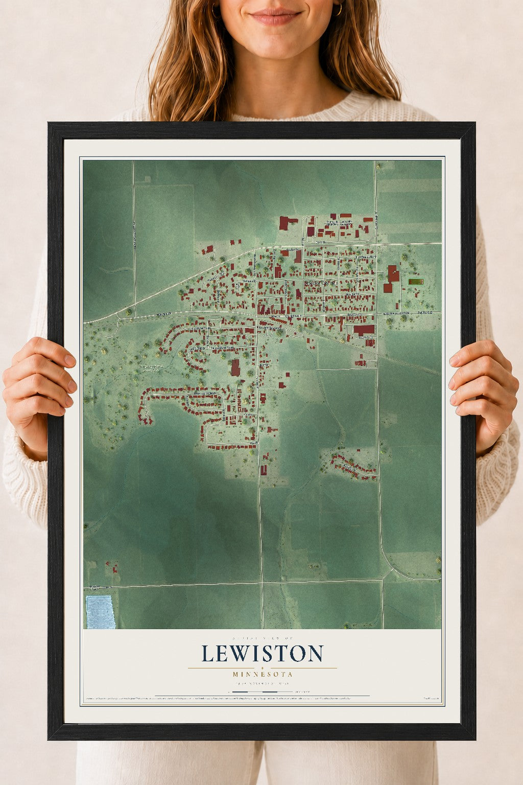 Map of Lewiston, Minnesota, 18 x 24 inch print in a black wood frame