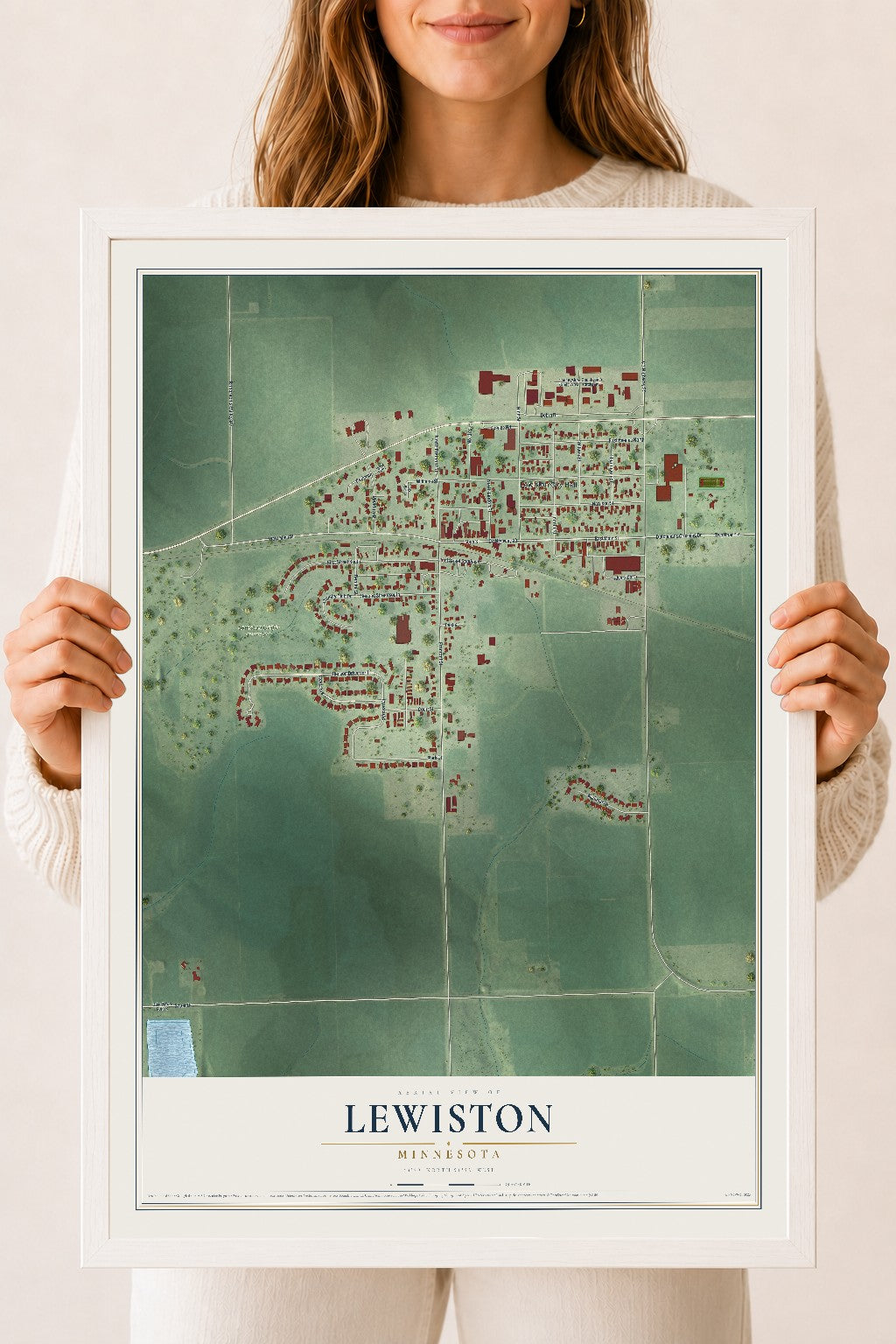 Map of Lewiston, Minnesota, 18 x 24 inch print in a white wood frame