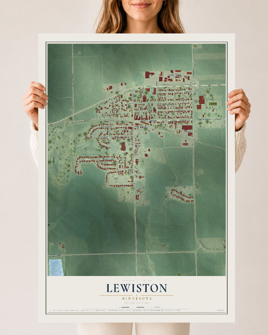 Map of Lewiston, Minnesota, 24 x 36 inch unframed archival matte print