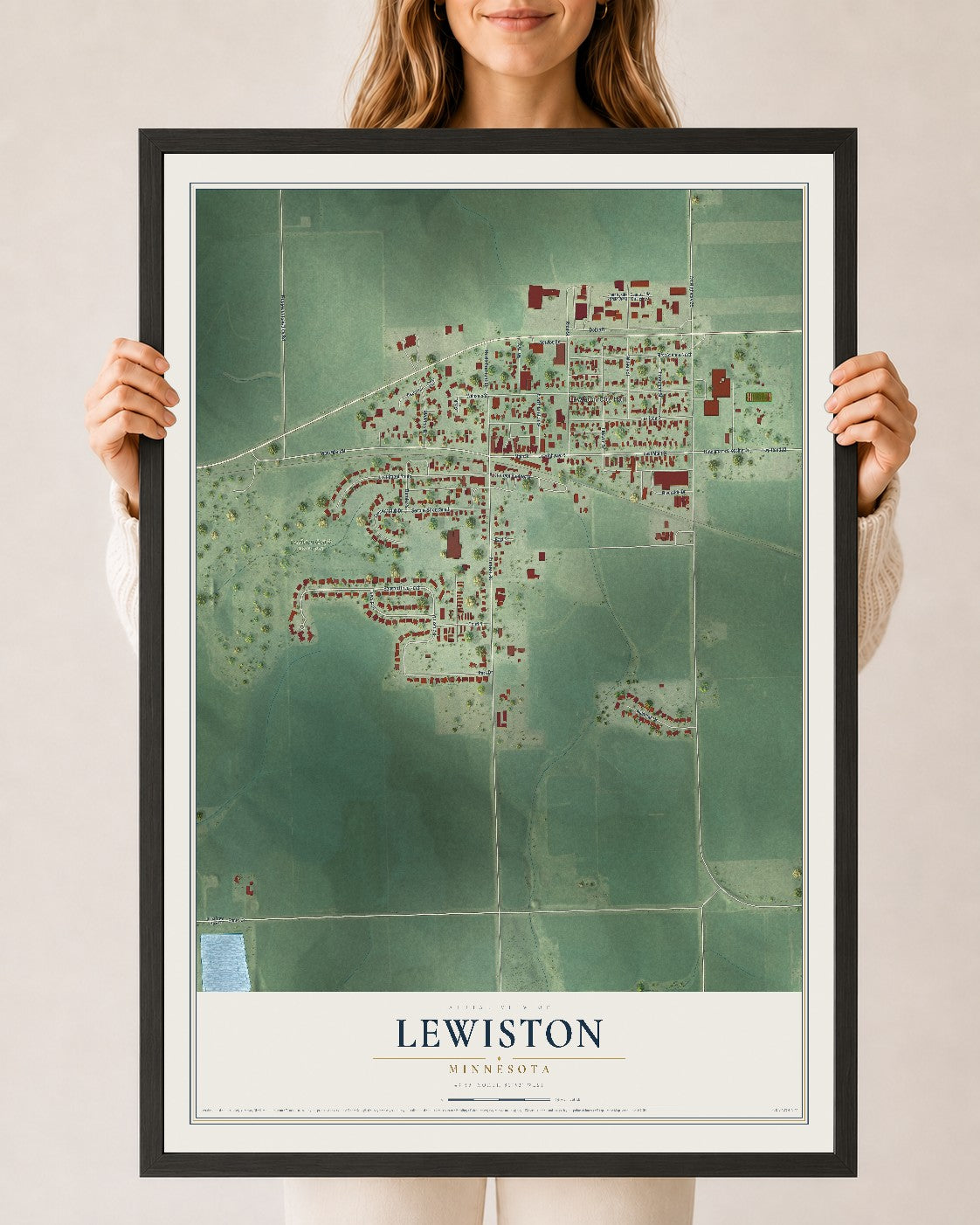 Map of Lewiston, Minnesota, 24 x 36 inch print in a black wood frame