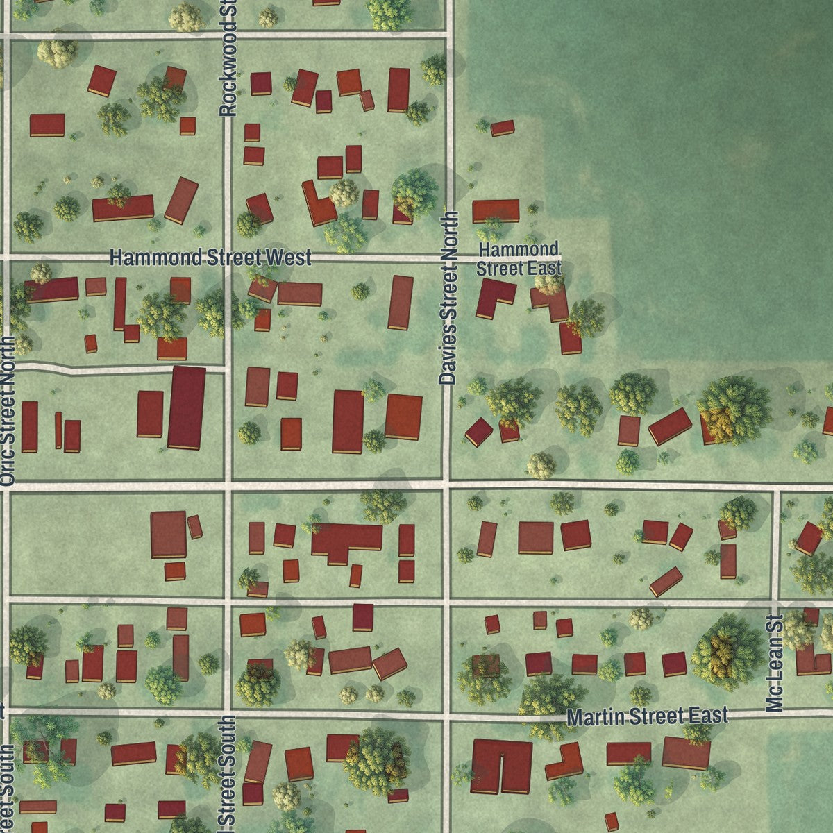Close-up of the map of Lewisville, Minnesota print showing street and building detail