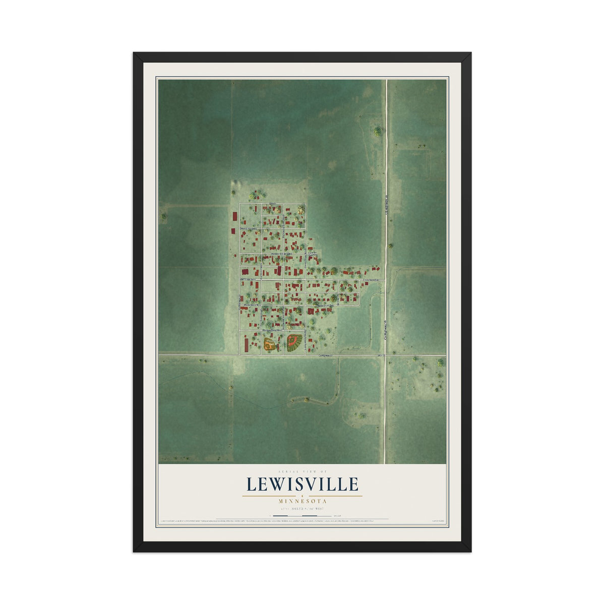 Map of Lewisville, Minnesota, 12 x 18 inch print in a black wood frame