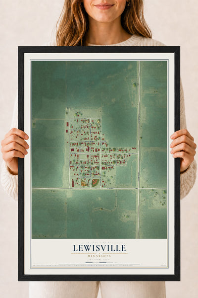 Map of Lewisville, Minnesota, 18 x 24 inch print in a black wood frame