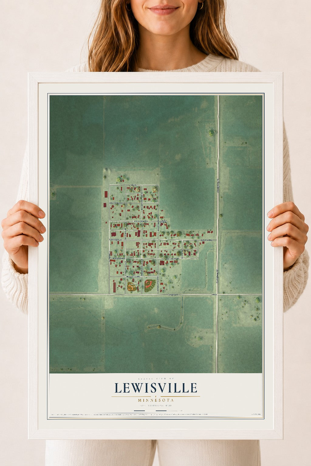 Map of Lewisville, Minnesota, 18 x 24 inch print in a white wood frame