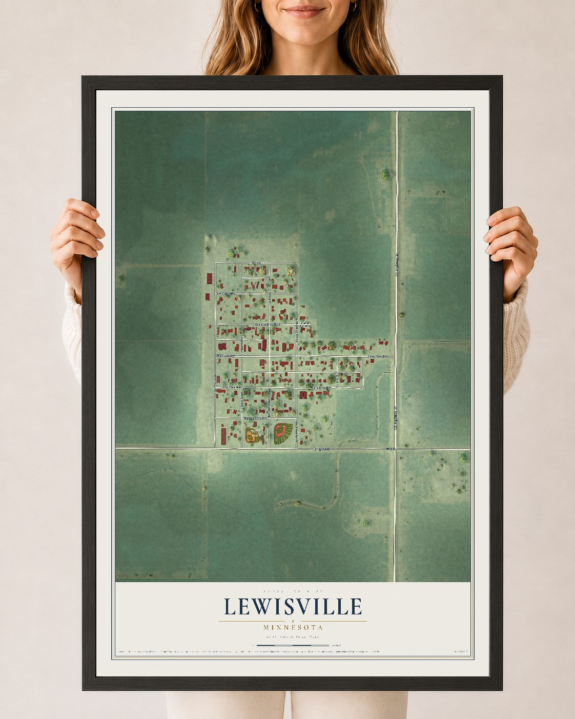 Map of Lewisville, Minnesota, 24 x 36 inch print in a black wood frame