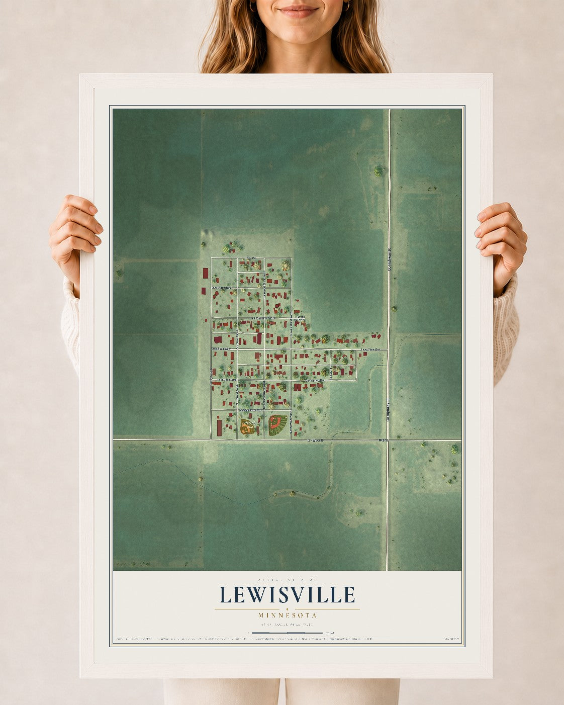 Map of Lewisville, Minnesota, 24 x 36 inch print in a white wood frame
