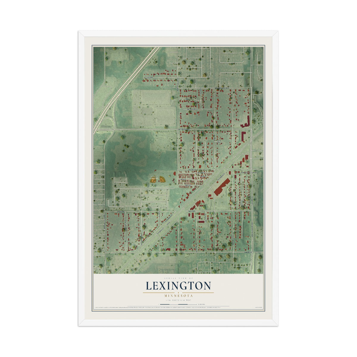 Map of Lexington, Minnesota, 12 x 18 inch print in a white wood frame
