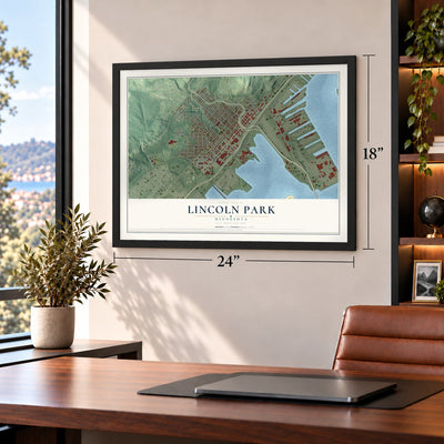 Lincoln Park, Minnesota map, 18 x 24 inch print in a black frame in a home office