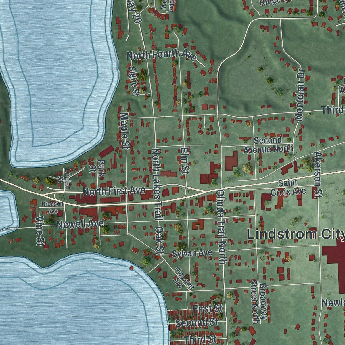 Second close-up of the map of Lindstrom, Minnesota print showing more streets and buildings