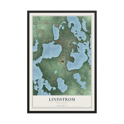 Map of Lindstrom, Minnesota, 12 x 18 inch print in a black wood frame