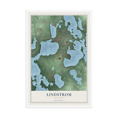 Map of Lindstrom, Minnesota, 12 x 18 inch print in a white wood frame