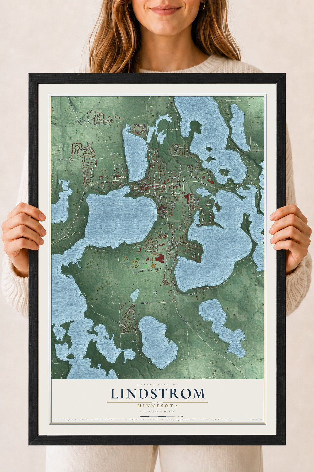 Map of Lindstrom, Minnesota, 18 x 24 inch print in a black wood frame