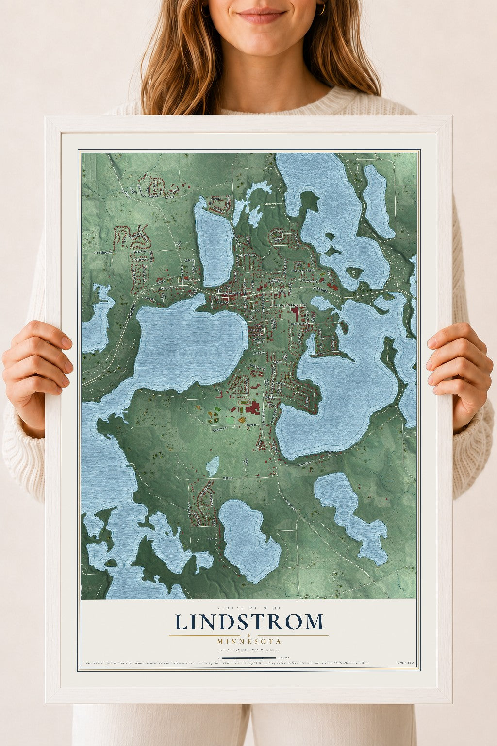 Map of Lindstrom, Minnesota, 18 x 24 inch print in a white wood frame