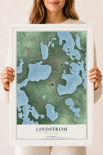 Map of Lindstrom, Minnesota, 18 x 24 inch print in a white wood frame