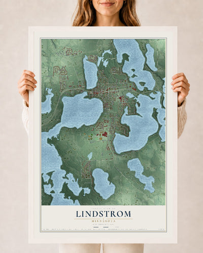 Map of Lindstrom, Minnesota, 24 x 36 inch print in a white wood frame