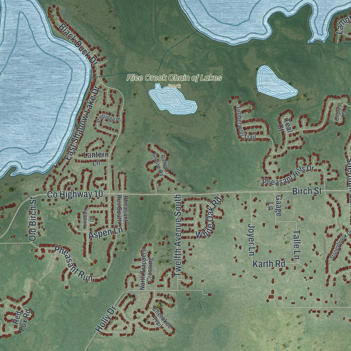 Second close-up of the map of Lino Lakes, Minnesota print showing more streets and buildings