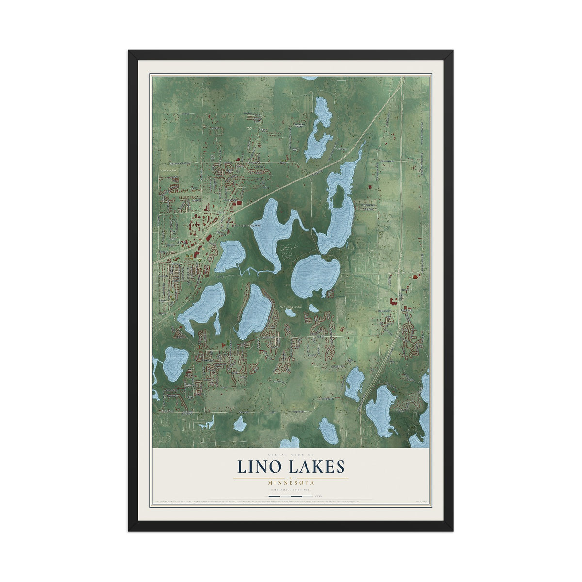 Map of Lino Lakes, Minnesota, 12 x 18 inch print in a black wood frame