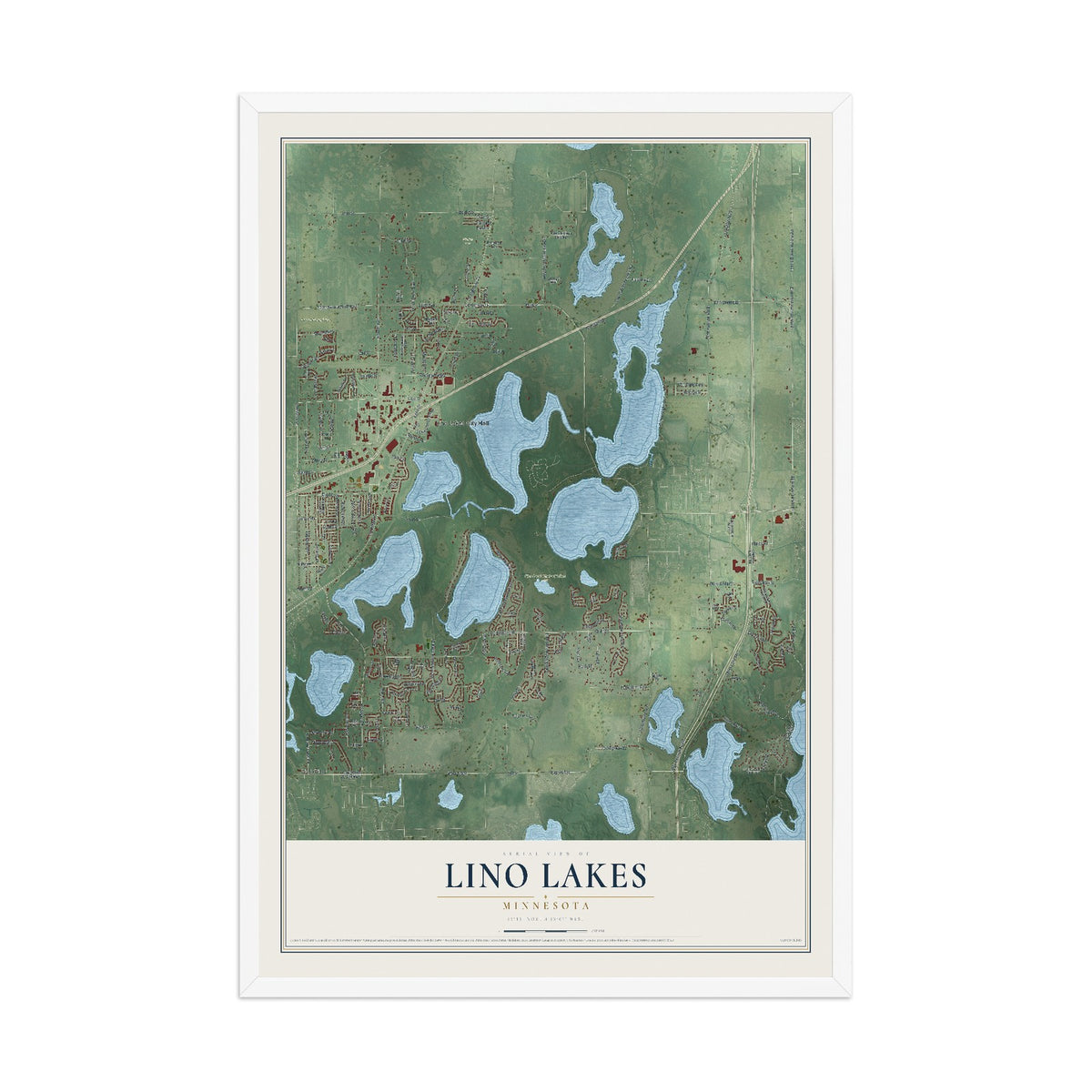 Map of Lino Lakes, Minnesota, 12 x 18 inch print in a white wood frame