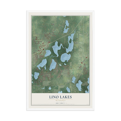 Map of Lino Lakes, Minnesota, 12 x 18 inch print in a white wood frame