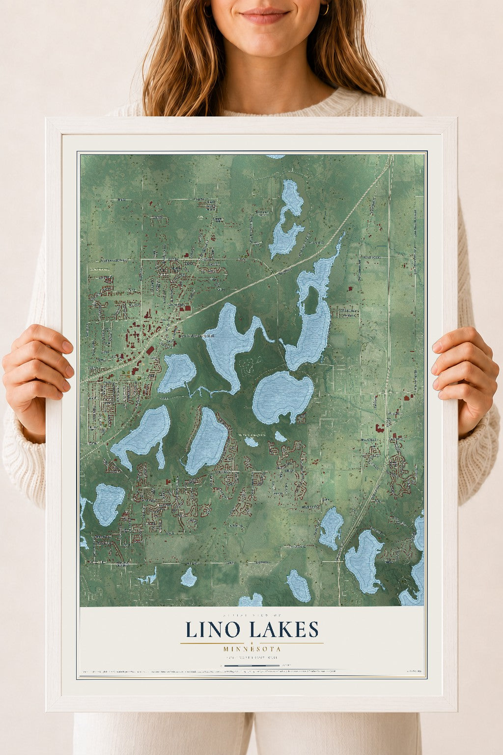 Map of Lino Lakes, Minnesota, 18 x 24 inch print in a white wood frame