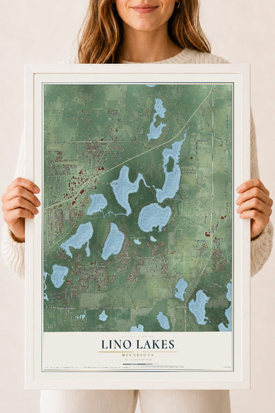 Map of Lino Lakes, Minnesota, 18 x 24 inch print in a white wood frame