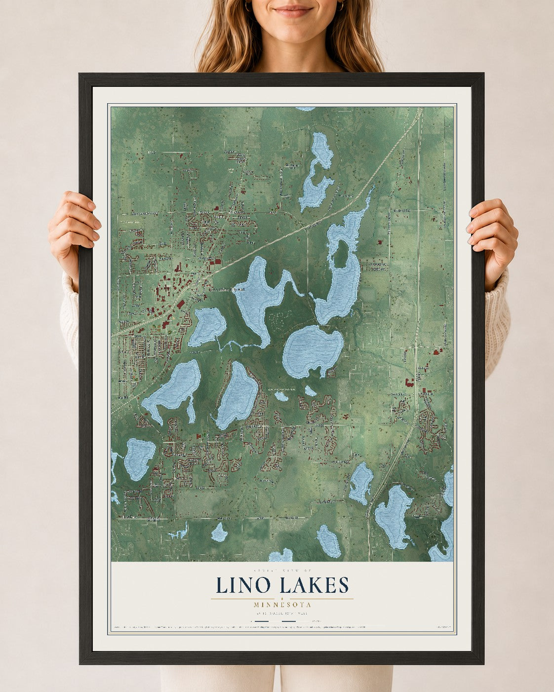 Map of Lino Lakes, Minnesota, 24 x 36 inch print in a black wood frame