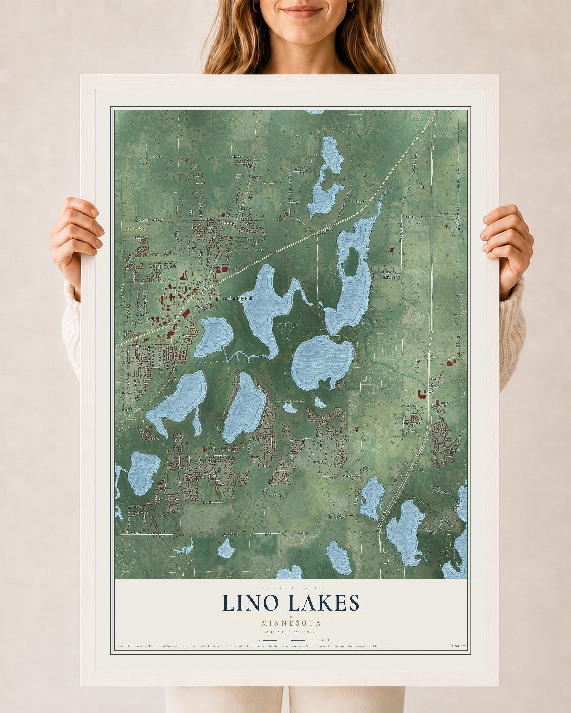 Map of Lino Lakes, Minnesota, 24 x 36 inch print in a white wood frame