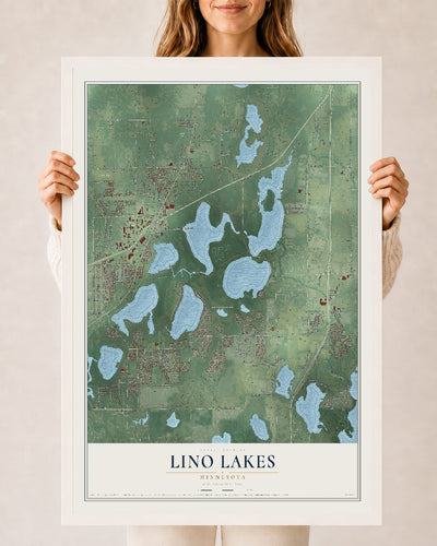 Map of Lino Lakes, Minnesota, 24 x 36 inch print in a white wood frame