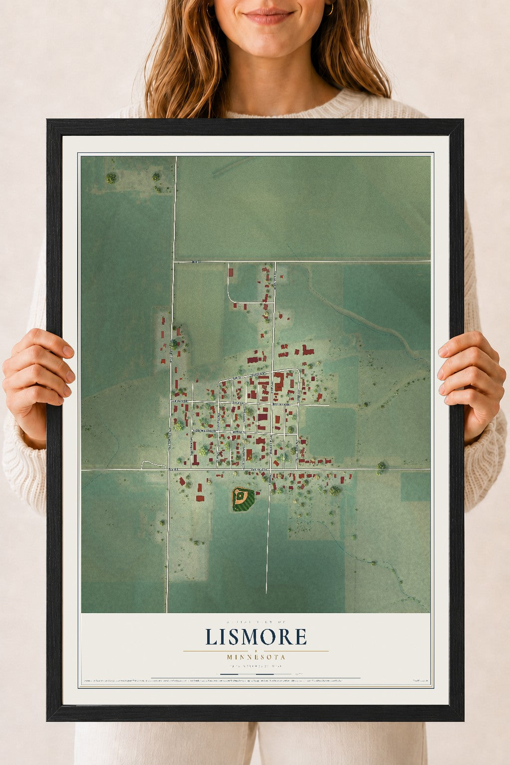 Map of Lismore, Minnesota, 18 x 24 inch print in a black wood frame