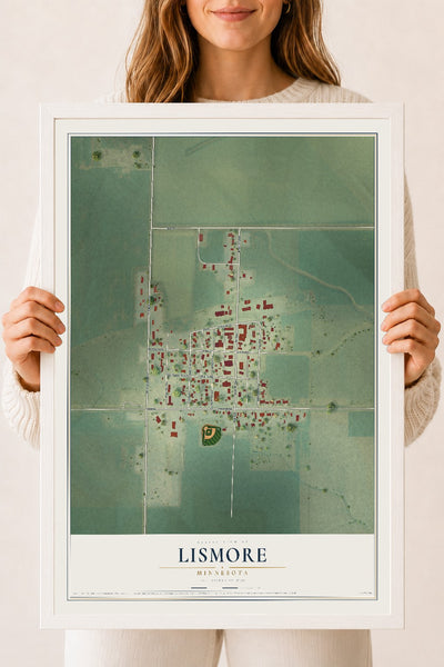 Map of Lismore, Minnesota, 18 x 24 inch print in a white wood frame