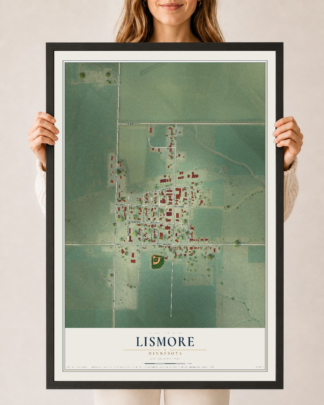 Map of Lismore, Minnesota, 24 x 36 inch print in a black wood frame