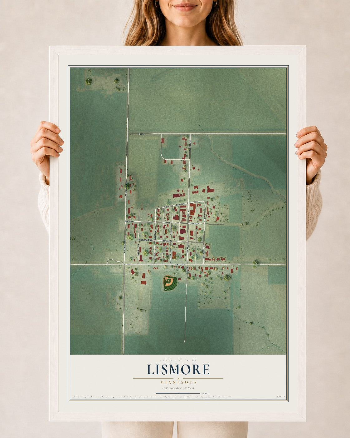 Map of Lismore, Minnesota, 24 x 36 inch print in a white wood frame