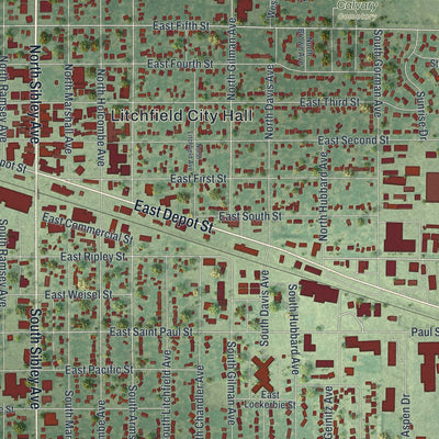 Close-up of the map of Litchfield, Minnesota print showing street and building detail