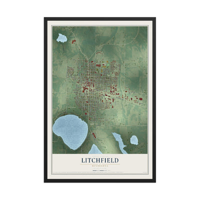 Map of Litchfield, Minnesota, 12 x 18 inch print in a black wood frame