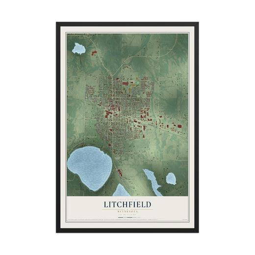 Map of Litchfield, Minnesota, 12 x 18 inch print in a black wood frame