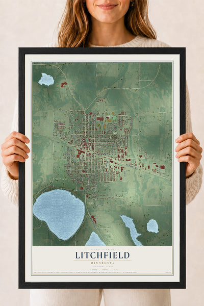 Map of Litchfield, Minnesota, 18 x 24 inch print in a black wood frame