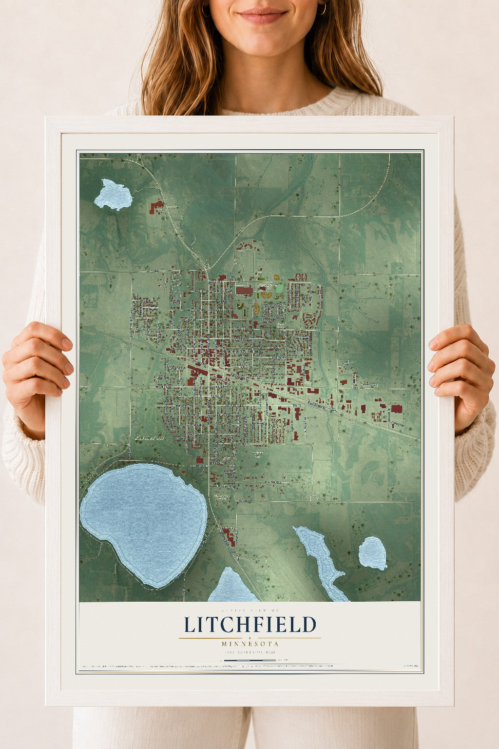 Map of Litchfield, Minnesota, 18 x 24 inch print in a white wood frame