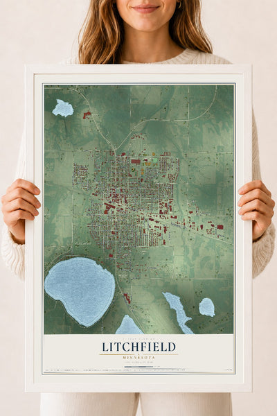 Map of Litchfield, Minnesota, 18 x 24 inch print in a white wood frame