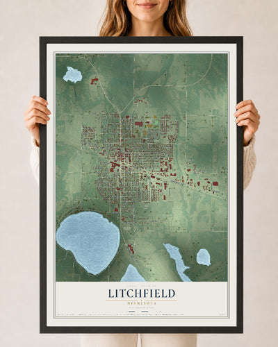 Map of Litchfield, Minnesota, 24 x 36 inch print in a black wood frame