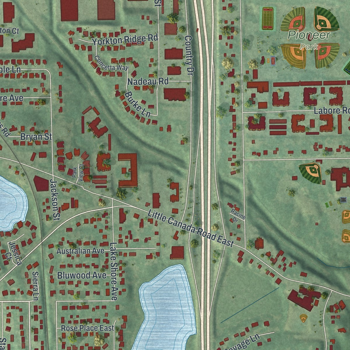 Close-up of the map of Little Canada, Minnesota print showing street and building detail