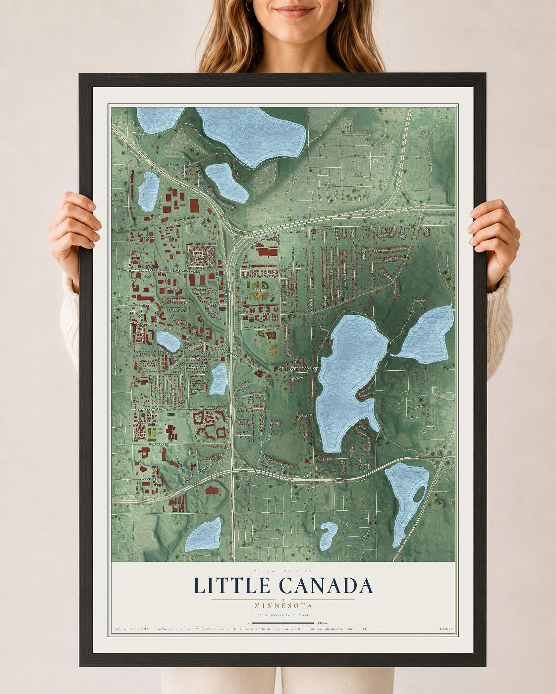 Map of Little Canada, Minnesota, 24 x 36 inch print in a black wood frame