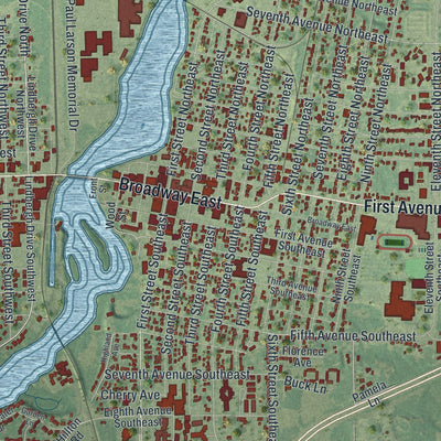 Close-up of the map of Little Falls, Minnesota print showing street and building detail