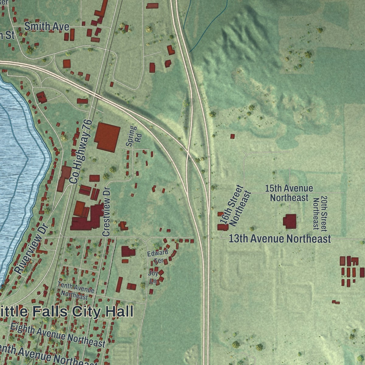 Second close-up of the map of Little Falls, Minnesota print showing more streets and buildings