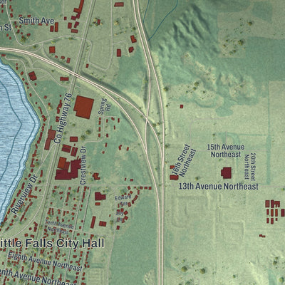 Second close-up of the map of Little Falls, Minnesota print showing more streets and buildings